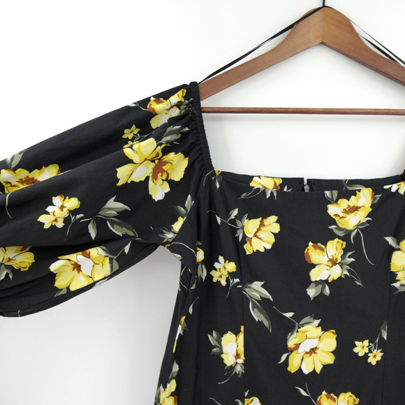 Teri Jon By Rickie Freeman Midi Dress 16 Black Yellow Roses Tiered Summer - Picture 7 of 16